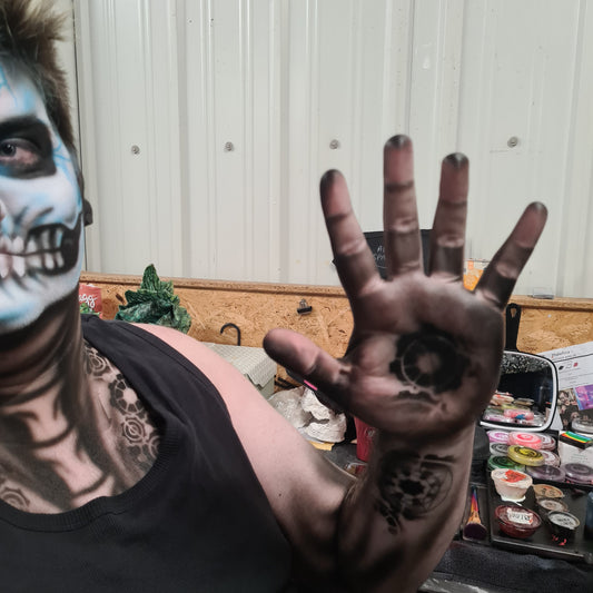 Sarah's Steampunk Gears mechanical Stencil airbrush bodyart