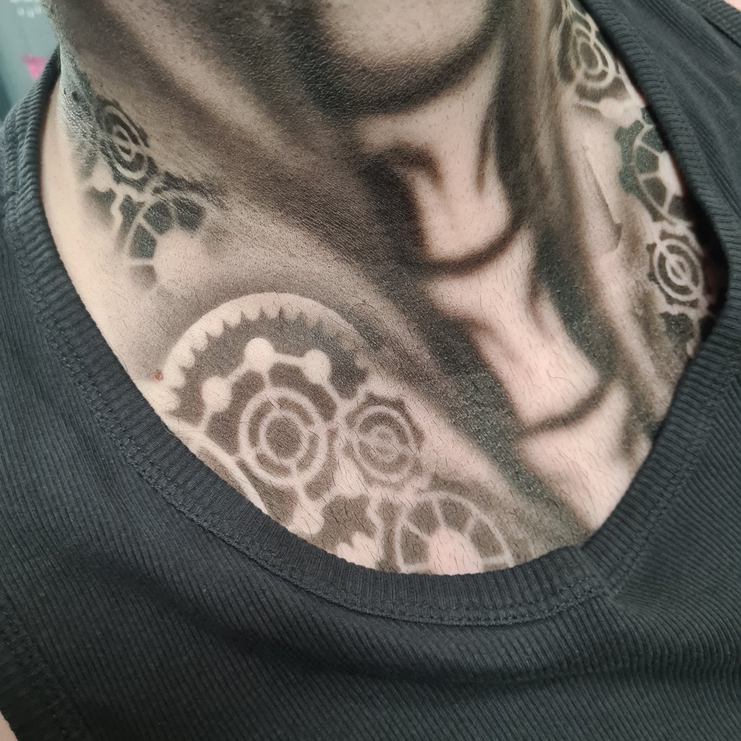 Sarah's Steampunk Gears mechanical Stencil airbrush bodyart