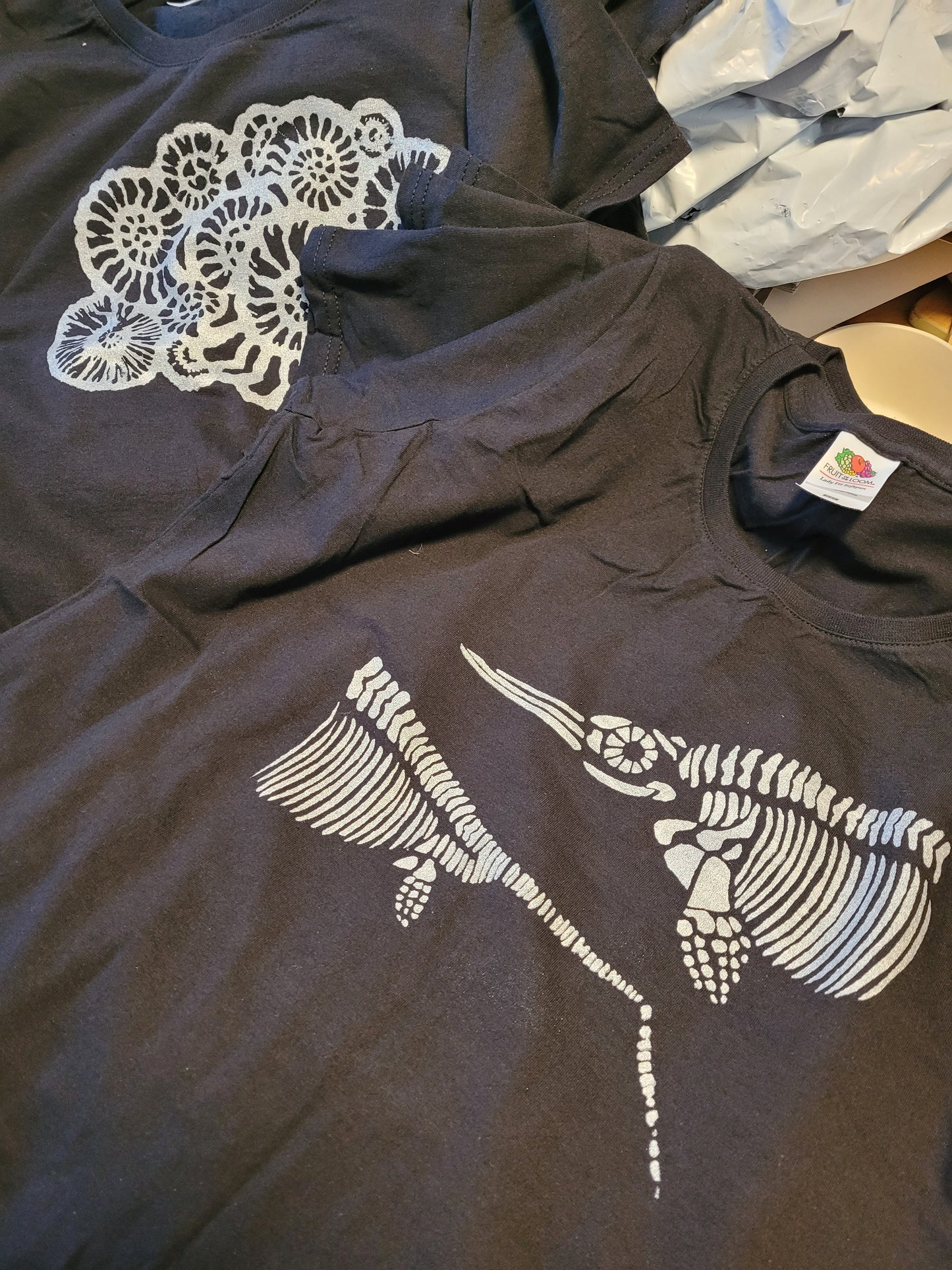 Ammonite Assemblage Hand printed in Gold or Silver on Ladies fit BLACK -T-shirt LIMITED EDITION