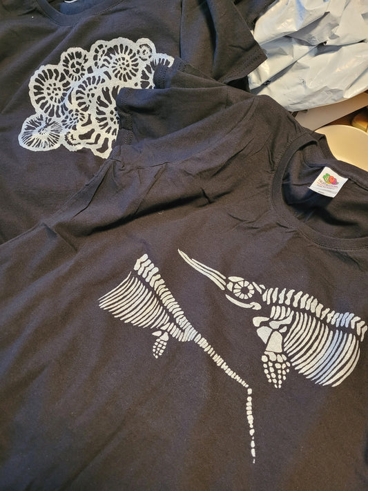 Ammonite Assemblage Hand printed in Gold or Silver on Ladies fit BLACK -T-shirt LIMITED EDITION