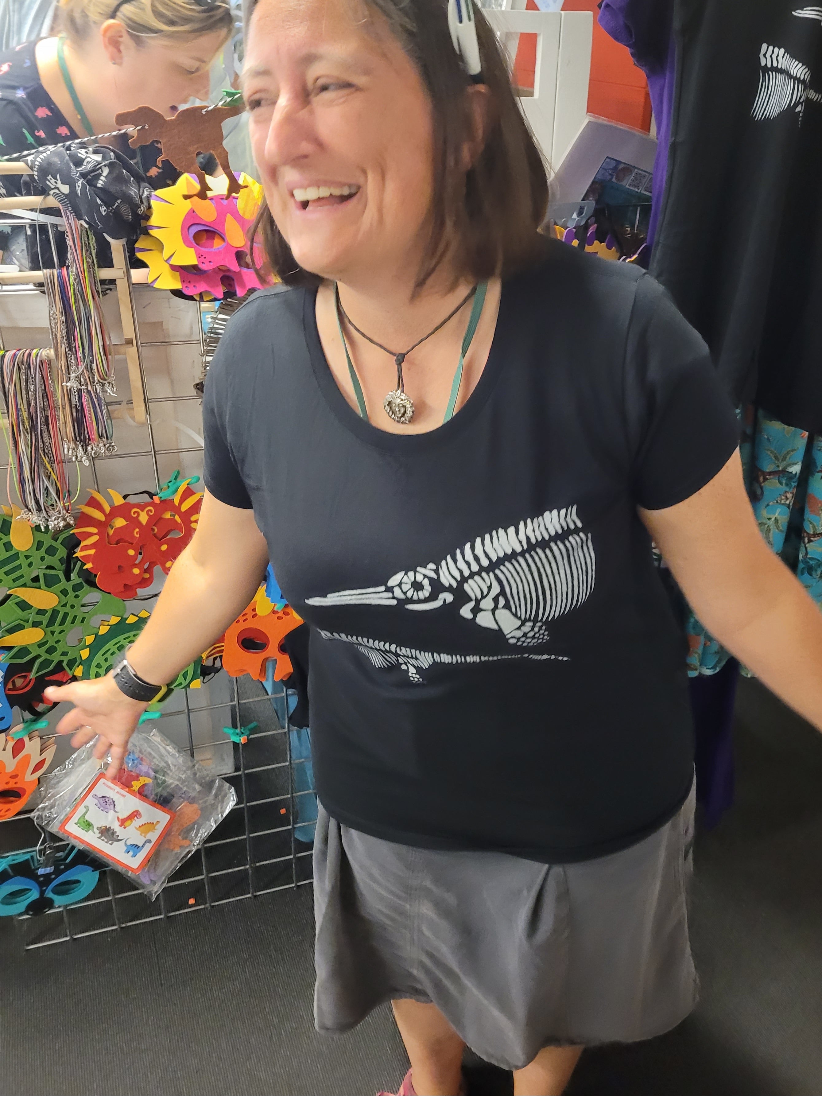 Icthyosaur handprinted Ladie's tshirt silver on black