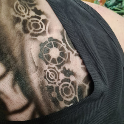 Sarah's Steampunk Gears mechanical Stencil airbrush bodyart