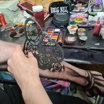 Sarah's Steampunk Gears mechanical Stencil airbrush bodyart